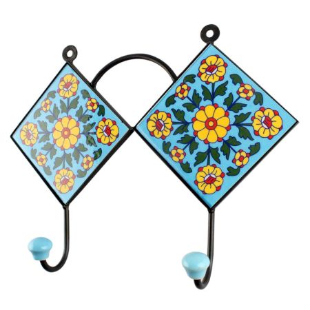 Turquoise Yellow Flower Ceramic Tiles Hooks